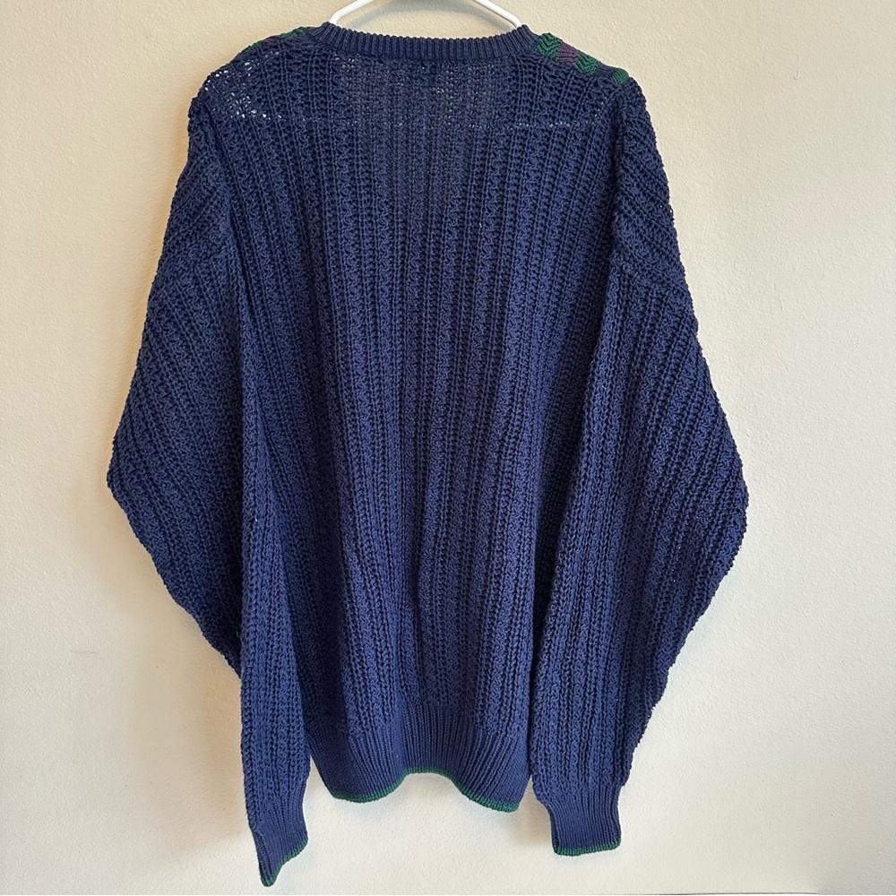 Vintage Weekends Navy Sweater XL V-Neck Striped Trim Ramie Cotton Preppy Retro - Picture 3 of 7